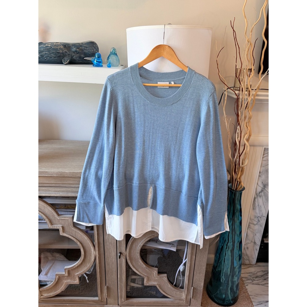 FOIL Layered Look Sweater Women‎ Medium Blue White Mixed Media Merino Blend M